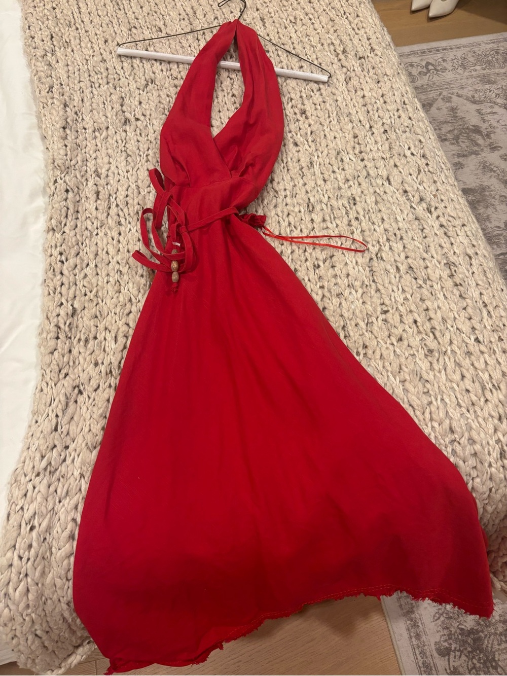Zara Red Linen Halter Tie-Waist Dress
